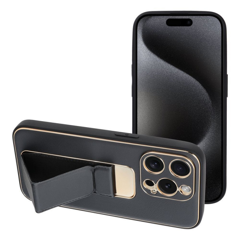 Apple iPhone 15 Pro Hülle LEATHER Case Kickstand Schwarz