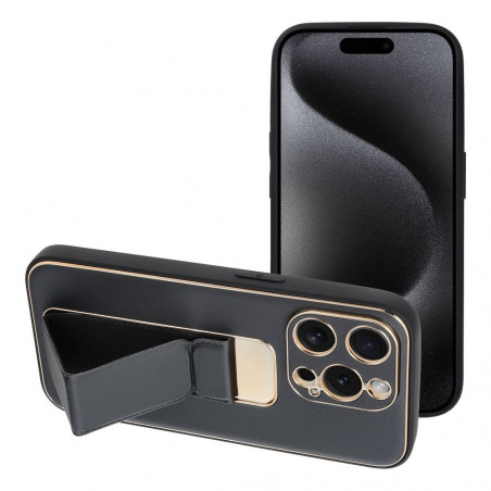 Apple iPhone 15 Pro Hülle LEATHER Case Kickstand Schwarz