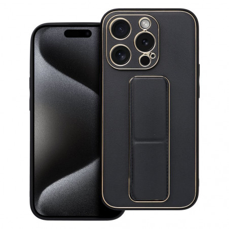 Apple iPhone 15 Pro Hülle LEATHER Case Kickstand Schwarz