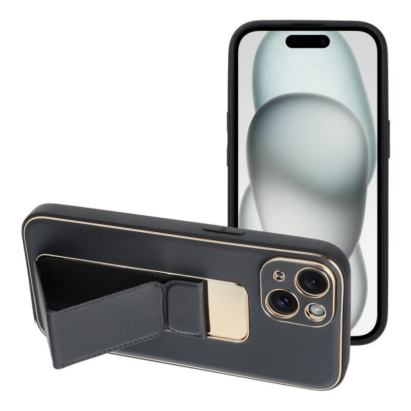 Apple iPhone 15 Hülle LEATHER Case Kickstand Schwarz