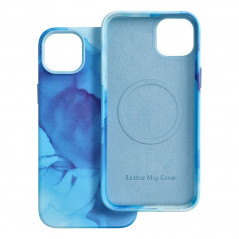 Apple iPhone 14 Plus Hülle Leather Mag Cover Elegant  MagSAFE  Blau Spritzer