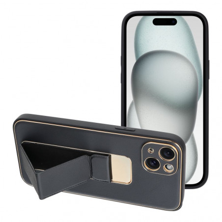 Apple iPhone 15 Plus Hülle LEATHER Case Kickstand Schwarz