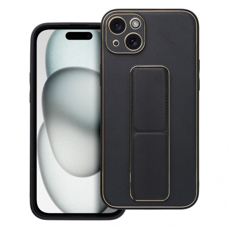 Apple iPhone 15 Plus Hülle LEATHER Case Kickstand Schwarz