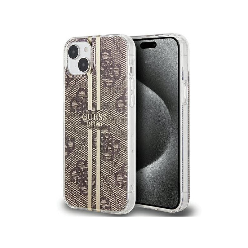 Apple iPhone 15 Plus Hülle Guess 4G Gold Stripe Elegant  Braun