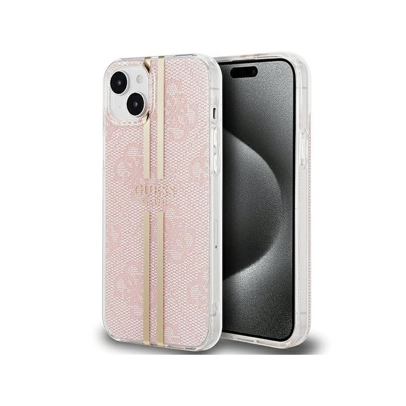 Apple iPhone 15 Plus Hülle Guess 4G Gold Stripe Elegant  Rosa
