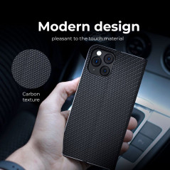 Apple iPhone 15 Pro Book Handytaschen LUNA Book Carbon Kohlenstoff-Faser, Elegant  Schwarz