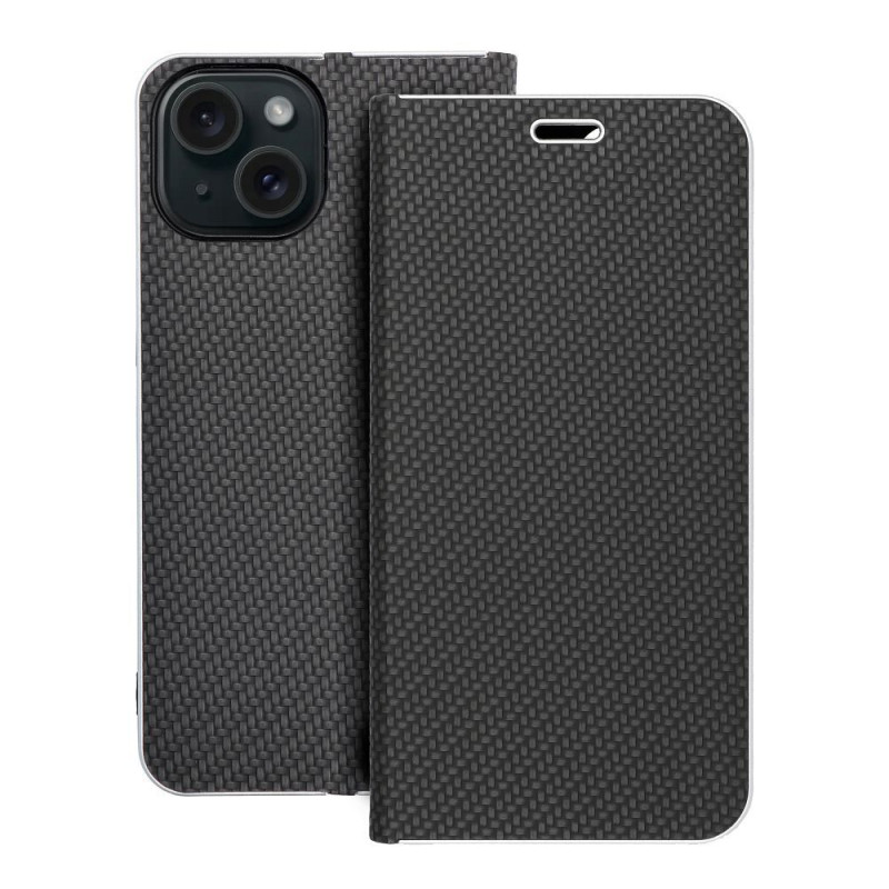 Apple iPhone 15 Book Handytaschen LUNA Book Carbon Kohlenstoff-Faser, Elegant  Schwarz
