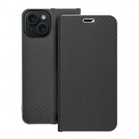 Apple iPhone 15 Book Handytaschen LUNA Book Carbon Kohlenstoff-Faser, Elegant  Schwarz
