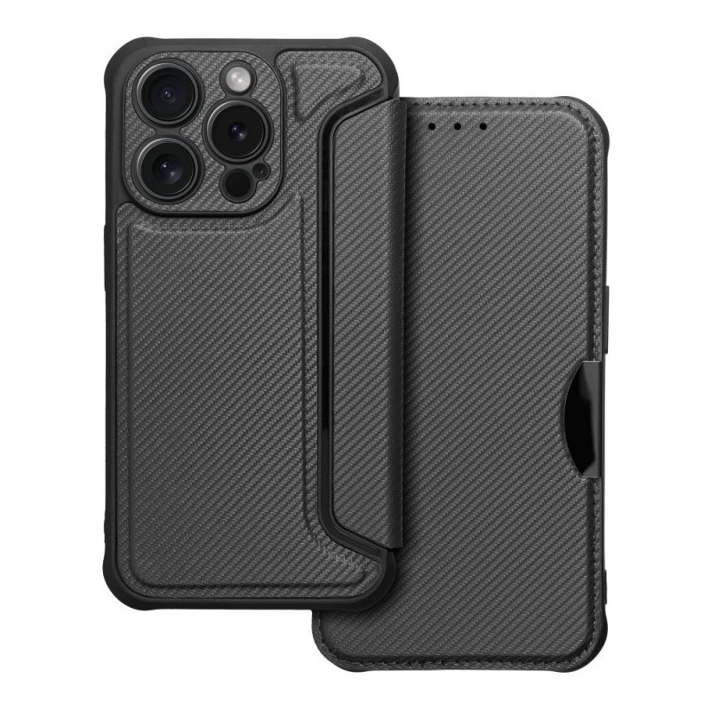 Apple iPhone 15 Pro Book Handytaschen Razor Book Kohlenstoff-Faser, Kohlenstoffmuster  Schwarz