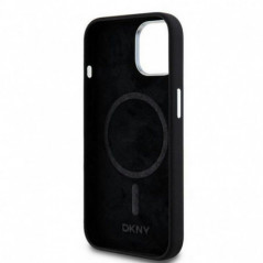 Apple iPhone 15 Plus Hülle DKNY Silicone Horizontal Metal Logo MagSAFE  Schwarz