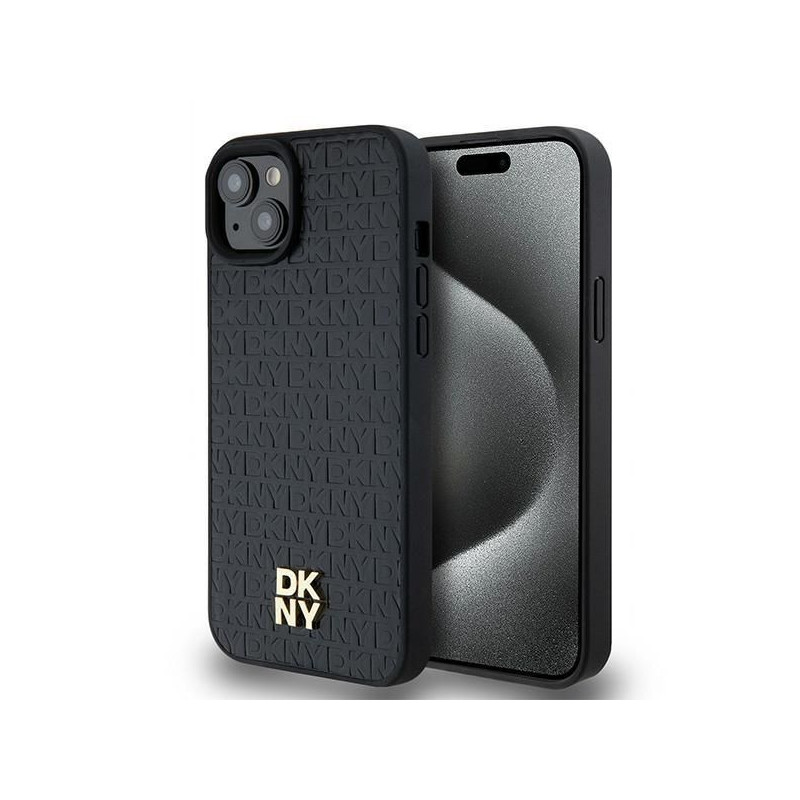 Apple iPhone 15 Hülle DKNY Pu Repeat Pattern Stack Logo MagSAFE  Schwarz