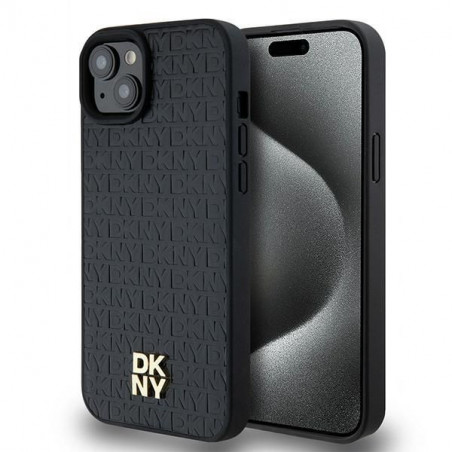 Apple iPhone 15 Plus Hülle DKNY Pu Repeat Pattern Stack Logo MagSAFE  Schwarz