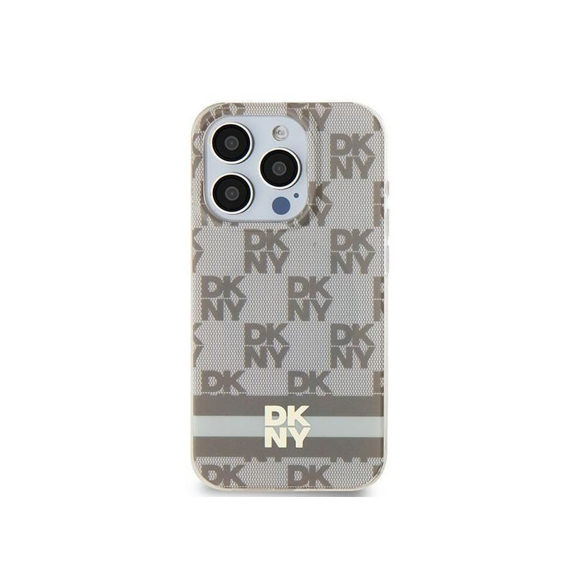 Apple iPhone 15 Plus Hülle DKNY Checkered Pattern Printed Stripes MagSAFE  Beige