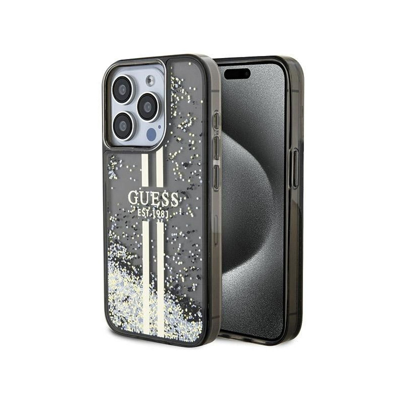 Apple iPhone 15 Pro Max Hülle Guess Liquid Glitter Gold Stripes Schwarz
