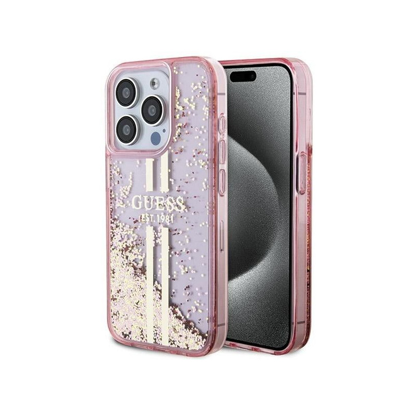 Apple iPhone 15 Pro Max Hülle Guess Liquid Glitter Gold Stripes Rosa