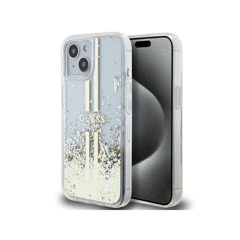 Apple iPhone 15 Plus Hülle Guess Liquid Glitter Gold Stripes Durchsichtbar