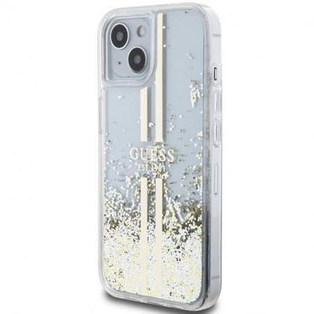 Apple iPhone 15 Plus Hülle Guess Liquid Glitter Gold Stripes Durchsichtbar