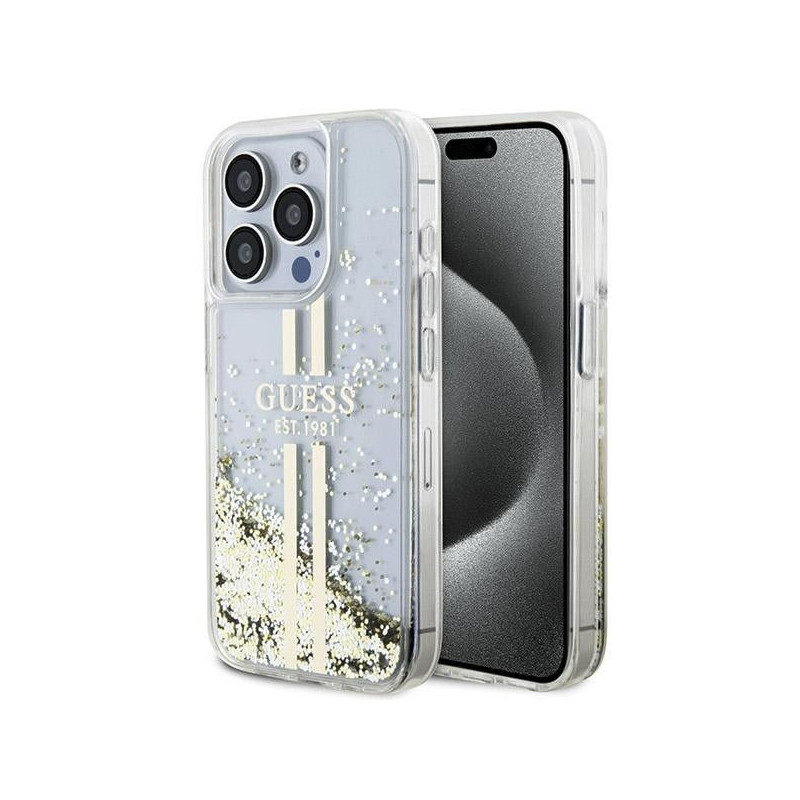 Apple iPhone 15 Pro Hülle Guess Liquid Glitter Gold Stripes Durchsichtbar