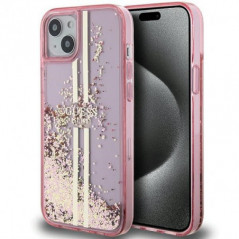 Apple iPhone 15 Plus Hülle Guess Liquid Glitter Gold Stripes Rosa