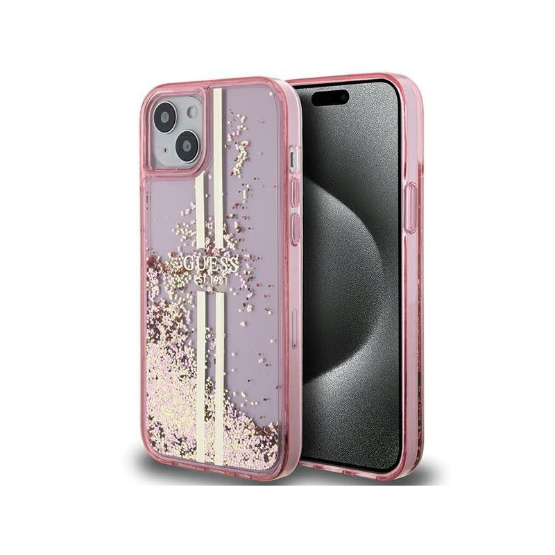Apple iPhone 15 Plus Hülle Guess Liquid Glitter Gold Stripes Rosa