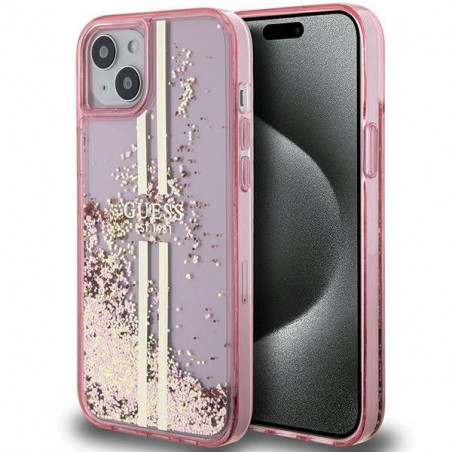 Apple iPhone 15 Plus Hülle Guess Liquid Glitter Gold Stripes Rosa