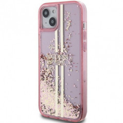 Apple iPhone 15 Plus Hülle Guess Liquid Glitter Gold Stripes Rosa