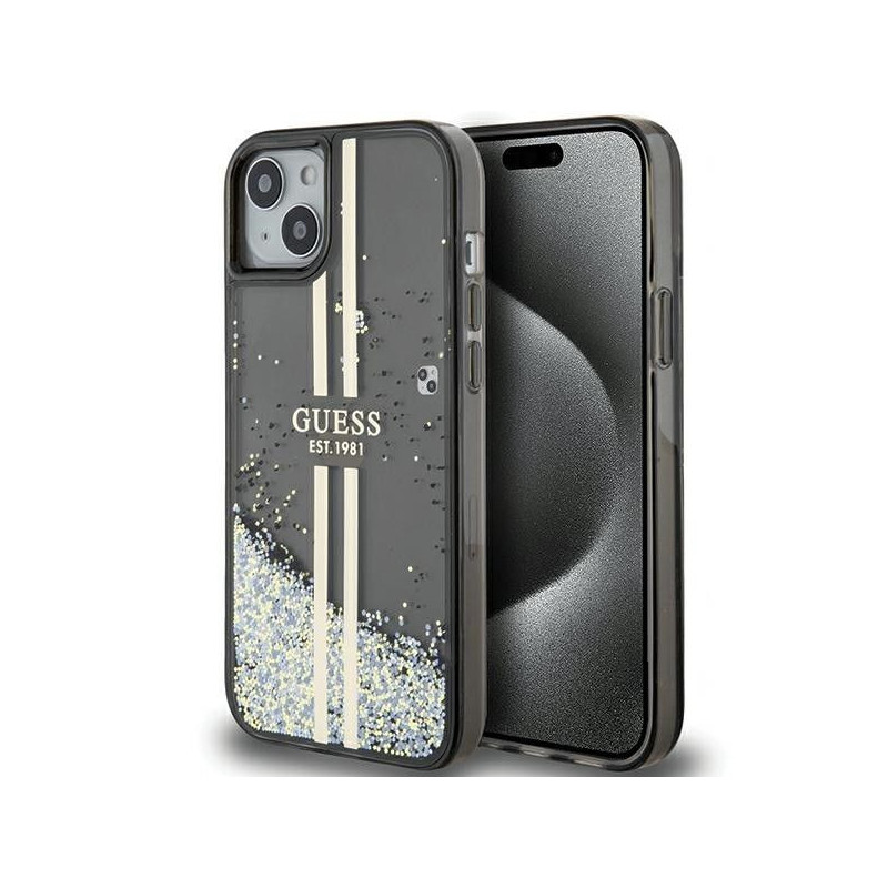 Apple iPhone 15 Plus Hülle Guess Liquid Glitter Gold Stripes Schwarz