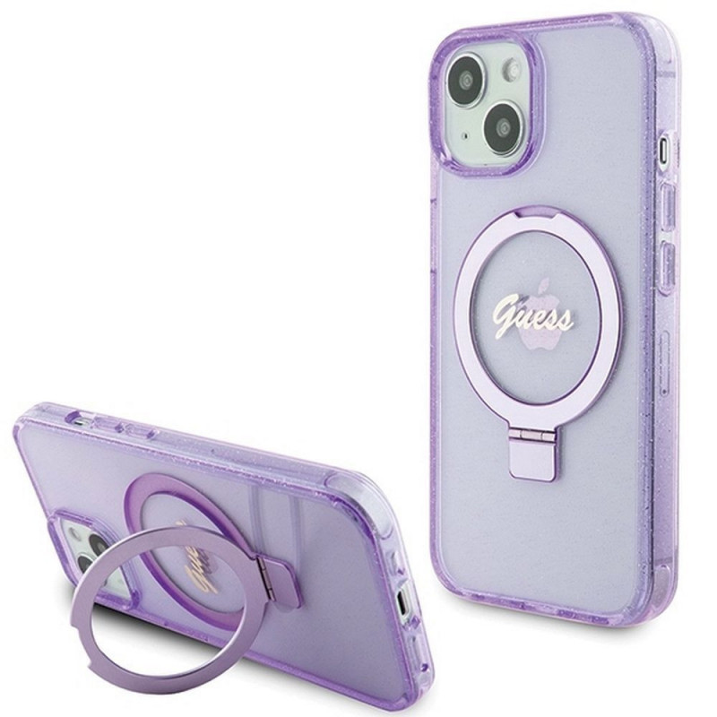 Apple iPhone 15 Plus Hülle Guess Glitter Script Logo - Ring stand MagSAFE  Lila (Purple)