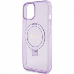 Apple iPhone 15 Plus Hülle Guess Glitter Script Logo - Ring stand MagSAFE  Lila (Purple)