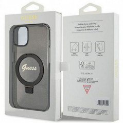 Apple iPhone 15 Plus Hülle Guess Glitter Script Logo - Ring stand MagSAFE  Schwarz
