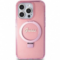 Apple iPhone 15 Pro Max Hülle Guess Glitter Script Logo - Ring stand MagSAFE  Rosa