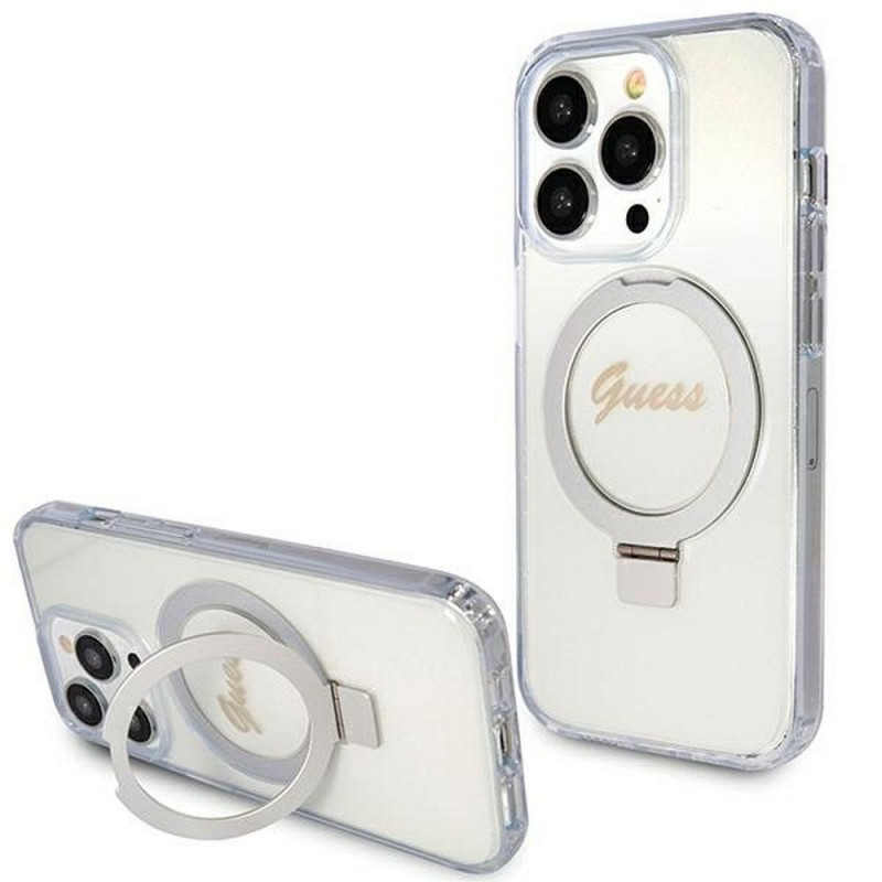 Apple iPhone 15 Pro Hülle Guess Glitter Script Logo - Ring stand MagSAFE  Durchsichtbar