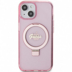 Apple iPhone 15 Plus Hülle Guess Glitter Script Logo - Ring stand MagSAFE  Rosa