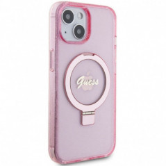 Apple iPhone 15 Plus Hülle Guess Glitter Script Logo - Ring stand MagSAFE  Rosa