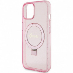 Apple iPhone 15 Plus Hülle Guess Glitter Script Logo - Ring stand MagSAFE  Rosa