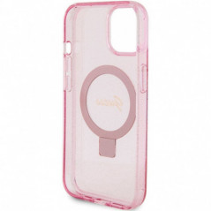 Apple iPhone 15 Plus Hülle Guess Glitter Script Logo - Ring stand MagSAFE  Rosa