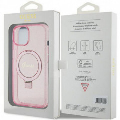 Apple iPhone 15 Plus Hülle Guess Glitter Script Logo - Ring stand MagSAFE  Rosa