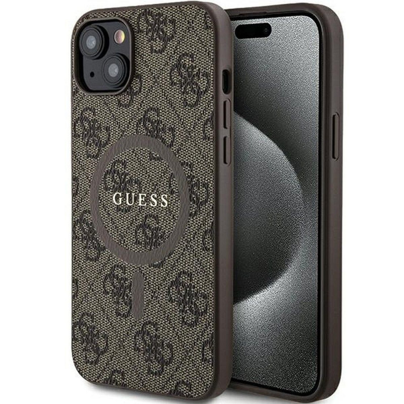 Apple iPhone 15 Plus Hülle Guess Leather 4G Metal Logo Braun