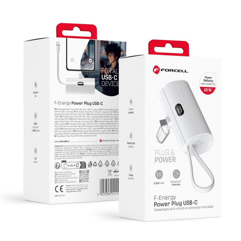 Forcell Power bank F-Energy Power Plug F5K3 5 000mAh für Typ C PD 20W weiß