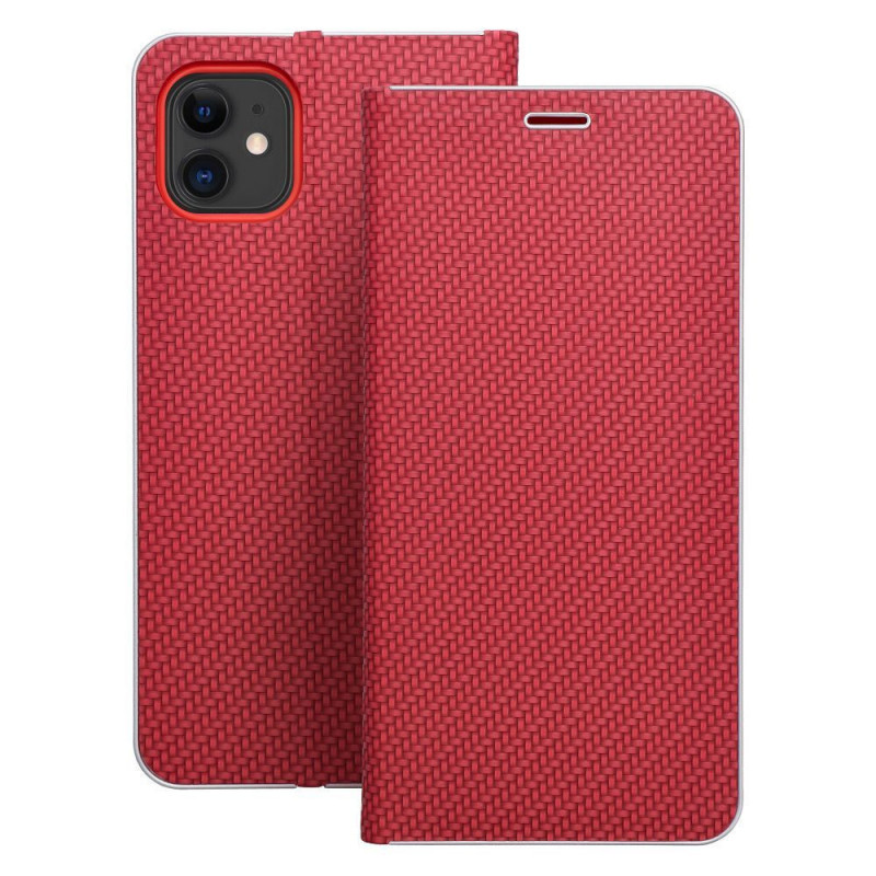 Apple iPhone 16e Book Handytaschen LUNA Book Carbon Kohlenstoff-Faser, Elegant  Rot